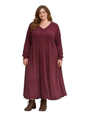 Vintage Eddie Bauer Plus Size XXL Womens Waffle Knit Burgundy Henley Maxi Dress